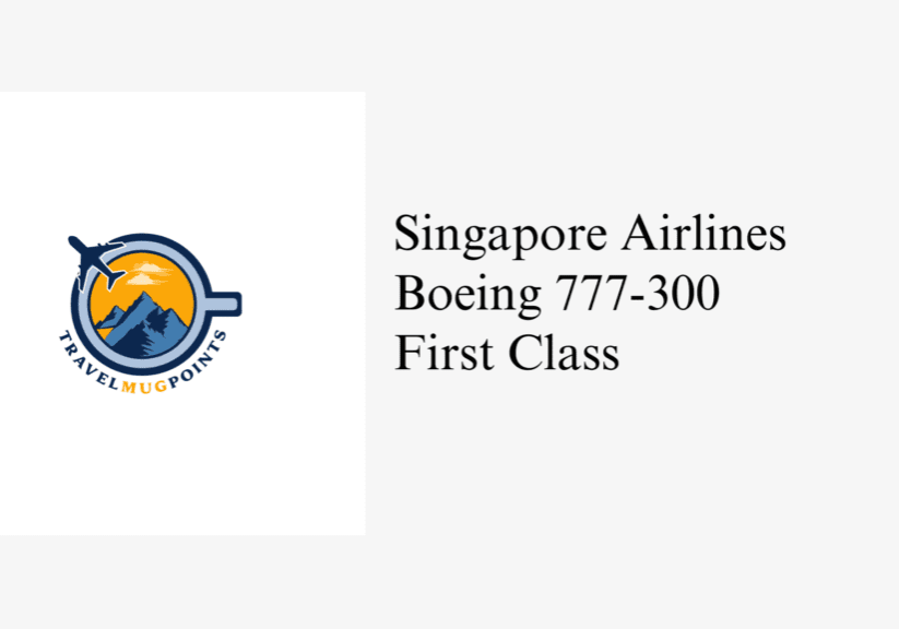 A logo for singapore airlines, boeing 7 7 7-3 0 0 first class.