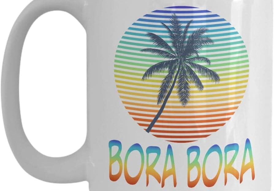 Bora Bora mug, palm tree sunset.