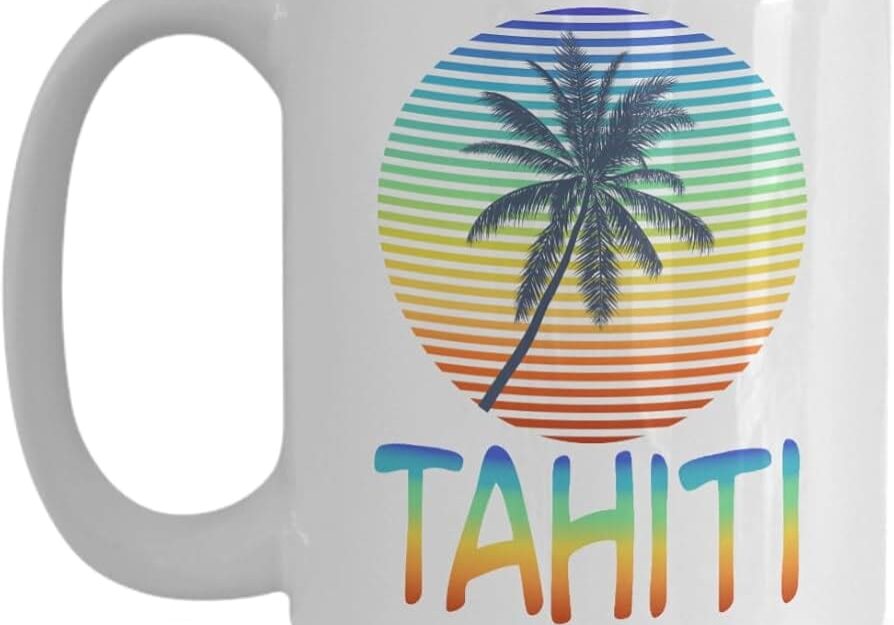 Tahiti mug, palm tree sunset design.